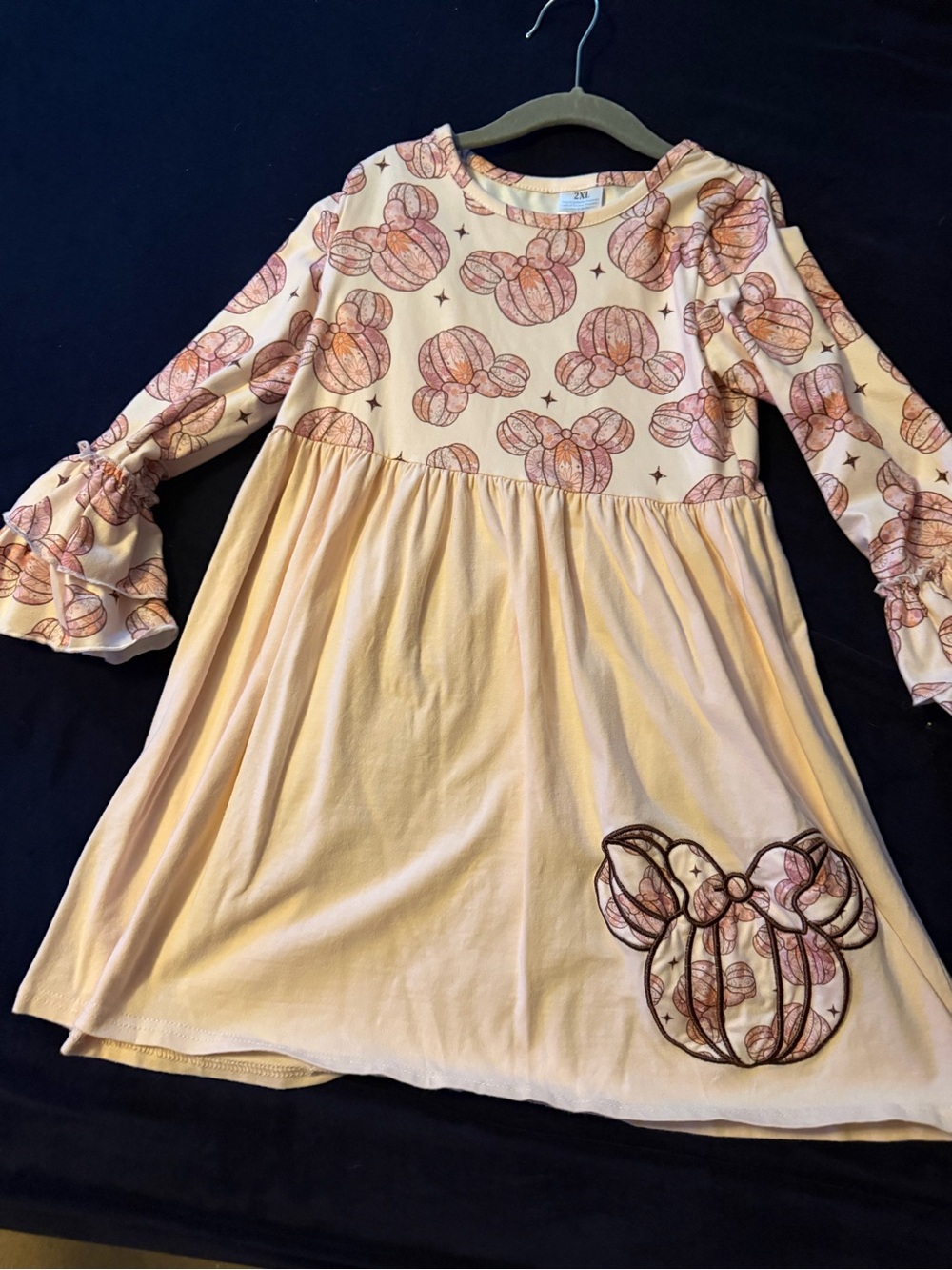 Girls' Cream minnie Pumpkin Print Swing Dress with Bow Accent